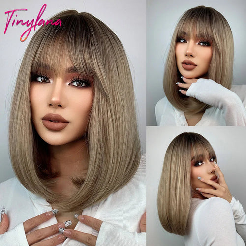 White Blonde Gray Synthetic Wigs with Bangs Short Straight Bob Hair