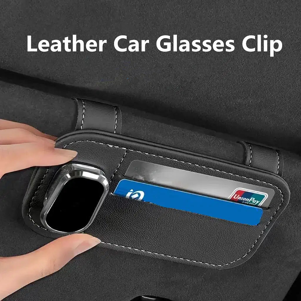 Color Name: GRAY - Multi-function Sunglasses Holder, Leather Glasses Holders for Car Sun Visor, Eyeglasses Hanger and Ticket Card Clip