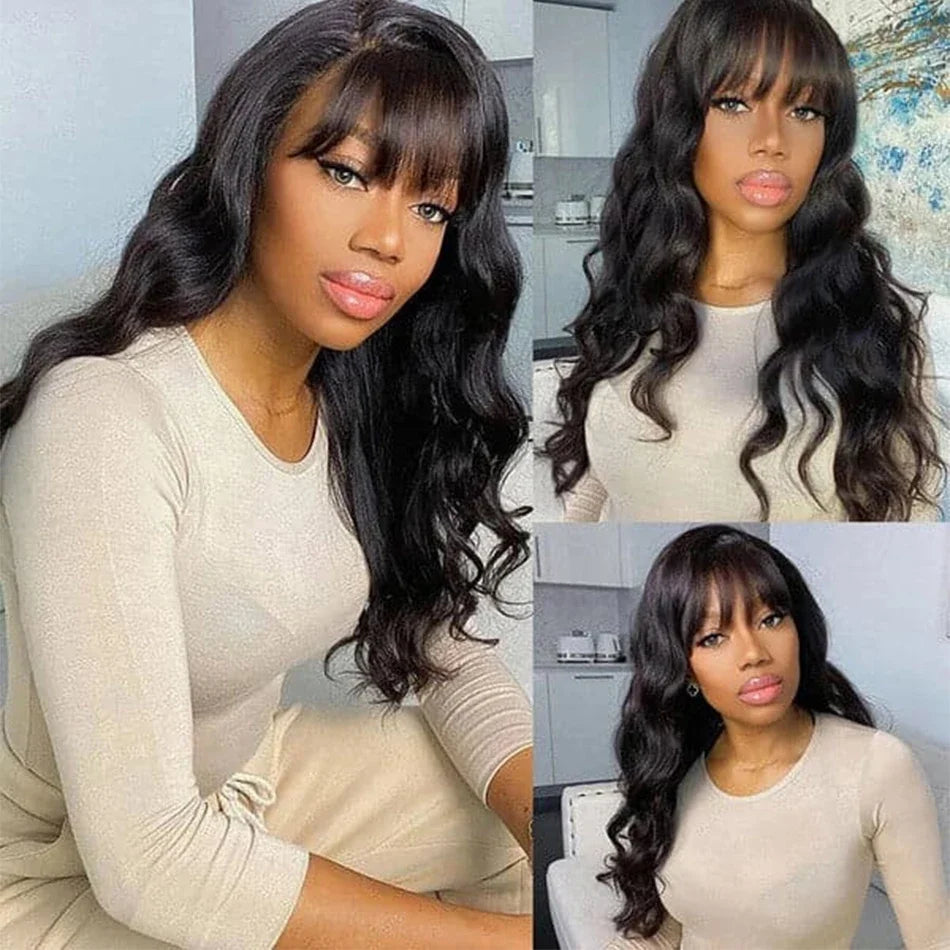 30 inches Body Wave Human Hair Wigs With Bangs Short Bob Wig 180%