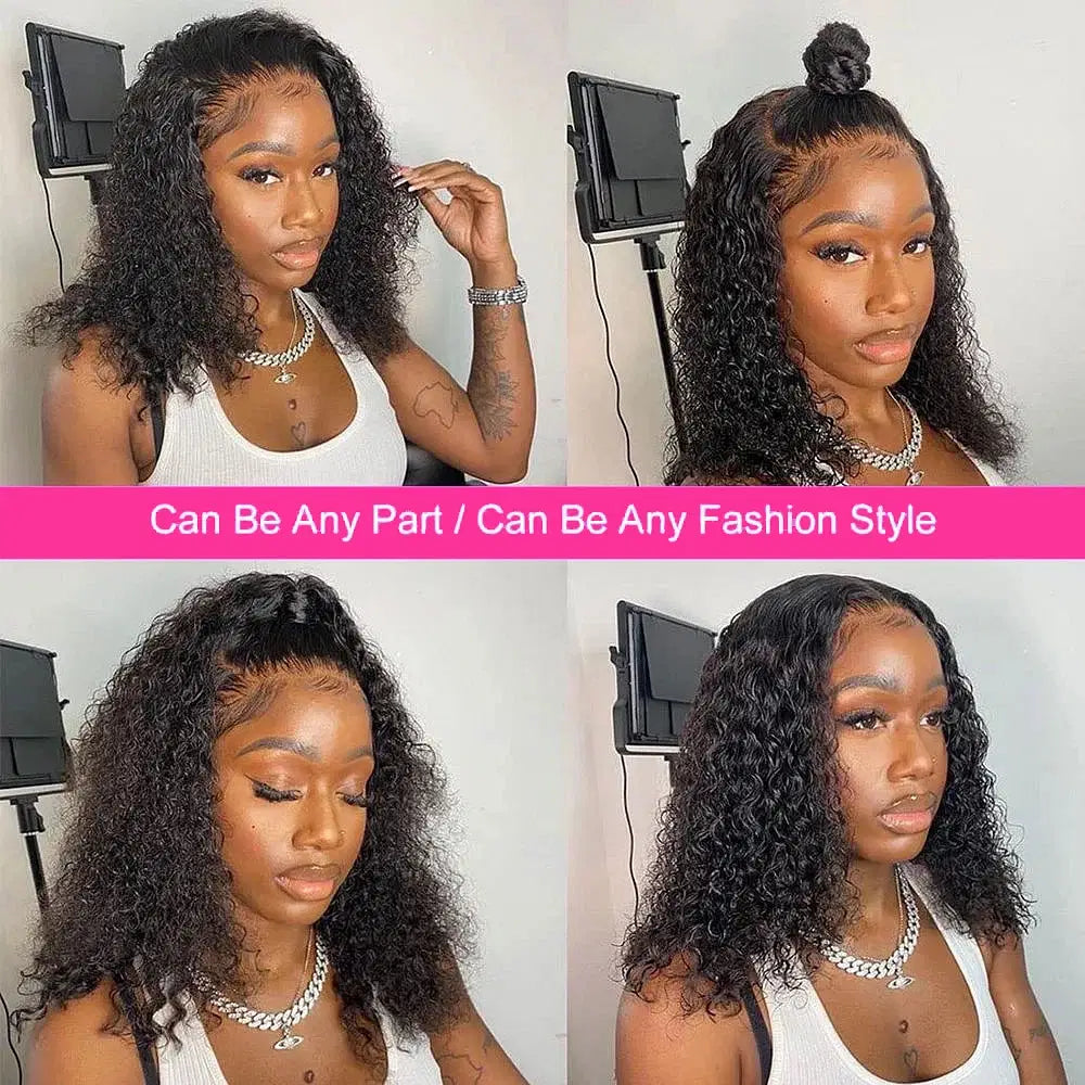 Hair Color: #1B, Ships From: United States, Stretched Length: 10inches, Density: 150% - Water Wave Bob Wig Glueless Preplucked Human Wigs Ready To Go 13x4 Frontal Brazilian Wigs HD Transparent Lace Wig Deep Curls