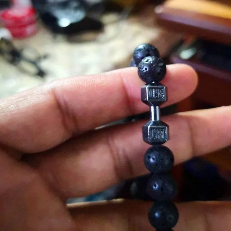 Natural Black Volcanic Lava Stone Dumbbell Bracelet Black Matte Beads