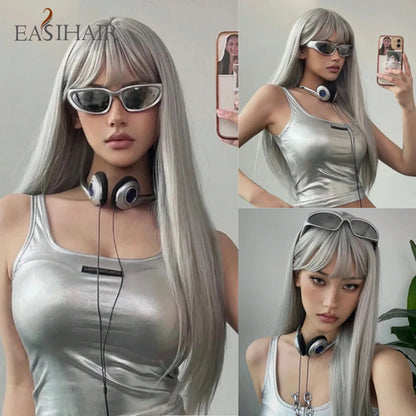 EASIHAIR Long Silky Straight Synthetic Wigs with Bangs Black Cosplay