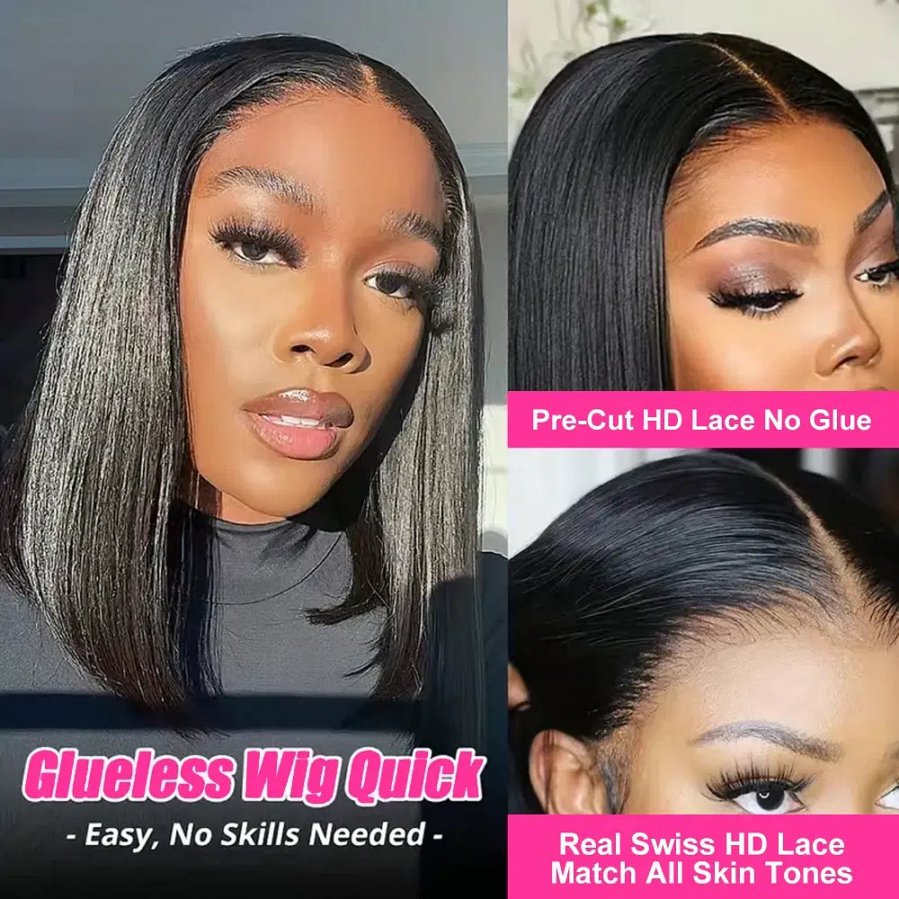 Hair Color: #1B, Ships From: CHINA, Stretched Length: 14inches, Density: 180% - Wear And Go Glueless Bob Wig Human Hair 7x5 HD Lace Closure Human Hair Pre Plucked  No Glue Pre Cut Ready To Wear Frontal Wig