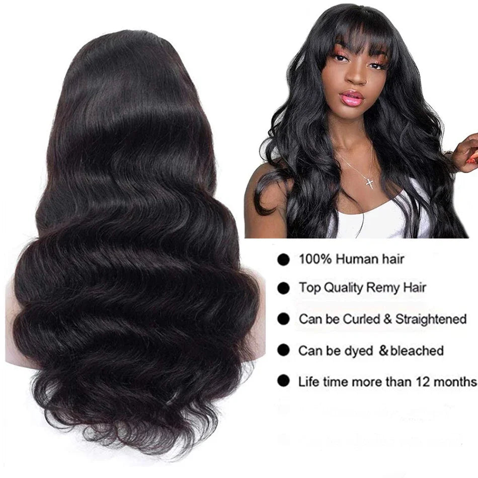 30 inches Body Wave Human Hair Wigs With Bangs Short Bob Wig 180%