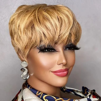 Brown Short Pixie Cut Wig Human Hair For Black Women Machine Made Wigs