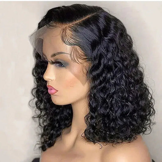 Density: 180%, Stretched Length: 10inches, Lace Wig Type: 4*4 - Deep Wave 180% Density Pre-Plucked Side Part Short Bob 13*4 Lace Frontal Brazilian Virgin Human Hair Wigs For Black Woman