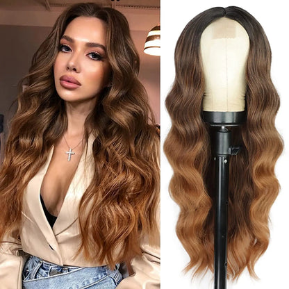 Synthetic Long Lace Ombre Blonde Wavy Wig for Women 26 Inch Middle