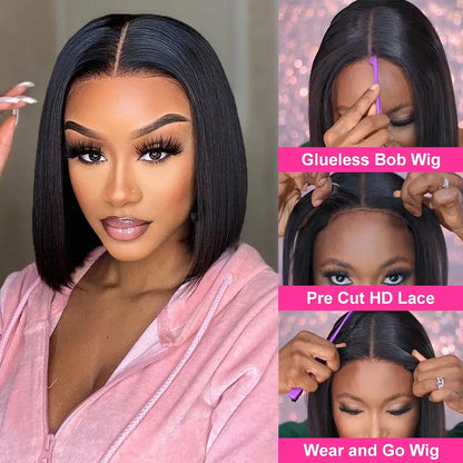 Hair Color: #1B, Ships From: CHINA, Stretched Length: 14inches, Density: 180% - Wear And Go Glueless Bob Wig Human Hair 7x5 HD Lace Closure Human Hair Pre Plucked  No Glue Pre Cut Ready To Wear Frontal Wig