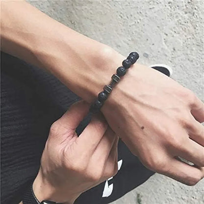 Natural Black Volcanic Lava Stone Dumbbell Bracelet Black Matte Beads