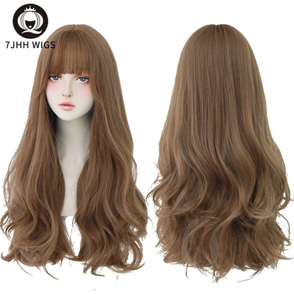 7JHH WIGS Popular Brown Ash Long Deep Wave Hair Lolita Wigs With Bangs