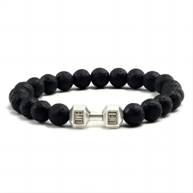 Natural Black Volcanic Lava Stone Dumbbell Bracelet Black Matte Beads