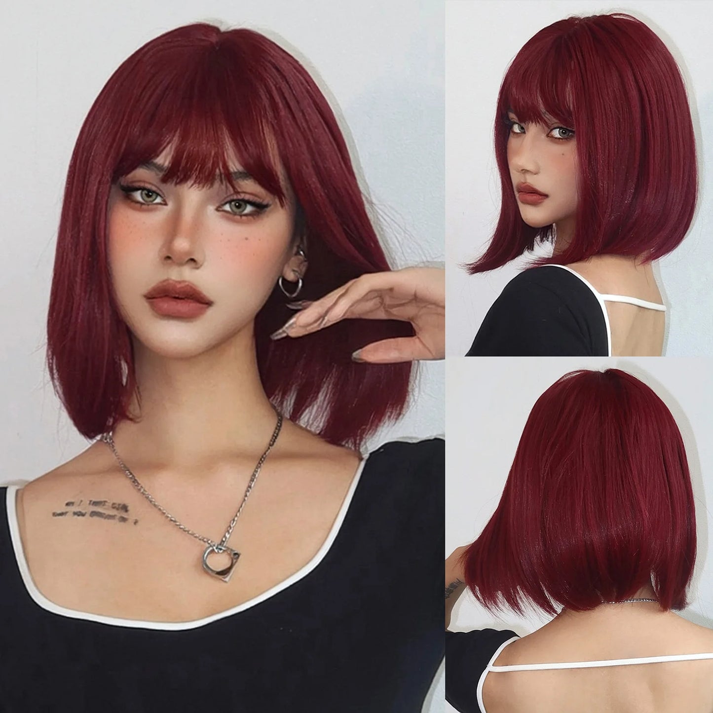 Wine Red Bob Wigs Short Straight Synthetic Wig for Women Burgundy