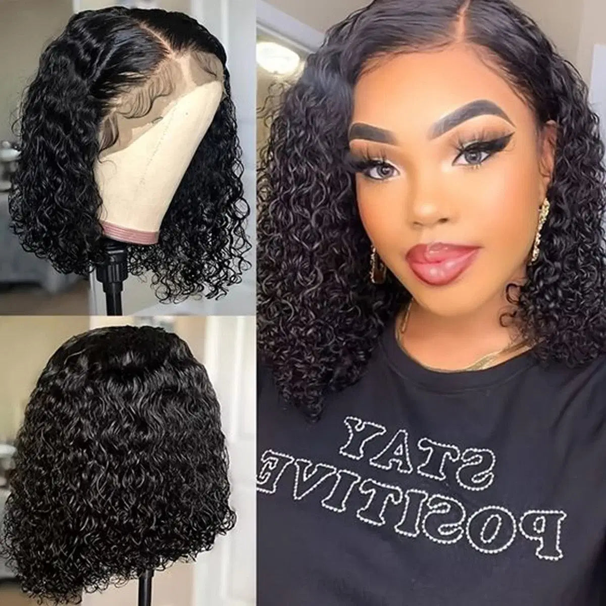 Density: 180%, Stretched Length: 10inches, Lace Wig Type: 4*4 - Deep Wave 180% Density Pre-Plucked Side Part Short Bob 13*4 Lace Frontal Brazilian Virgin Human Hair Wigs For Black Woman