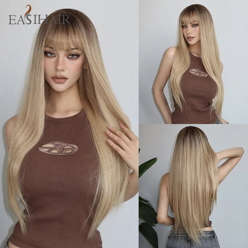 EASIHAIR Long Silky Straight Synthetic Wigs with Bangs Black Cosplay