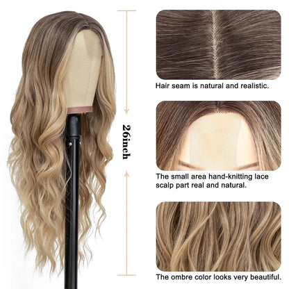 Synthetic Long Lace Ombre Blonde Wavy Wig for Women 26 Inch Middle