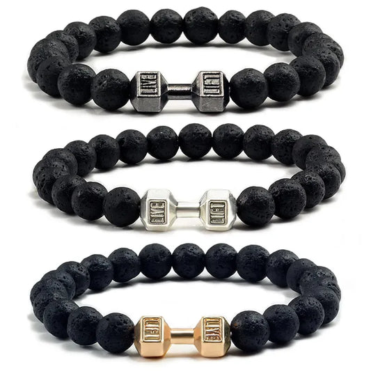 Natural Black Volcanic Lava Stone Dumbbell Bracelet Black Matte Beads