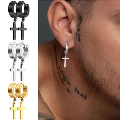 2pc Stainless Steel Men Cross Stars Punk Dangle Earrings Gothic Woman