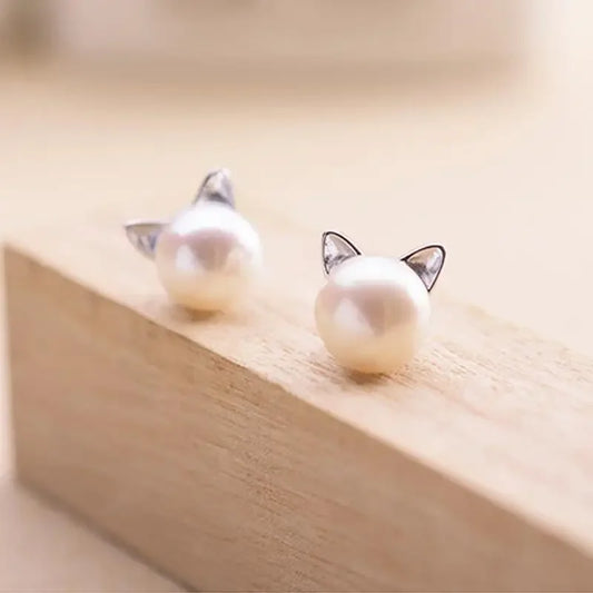 Fashion Earings Jewelry Silver Color Small Pearl Cat Stud Earrings for