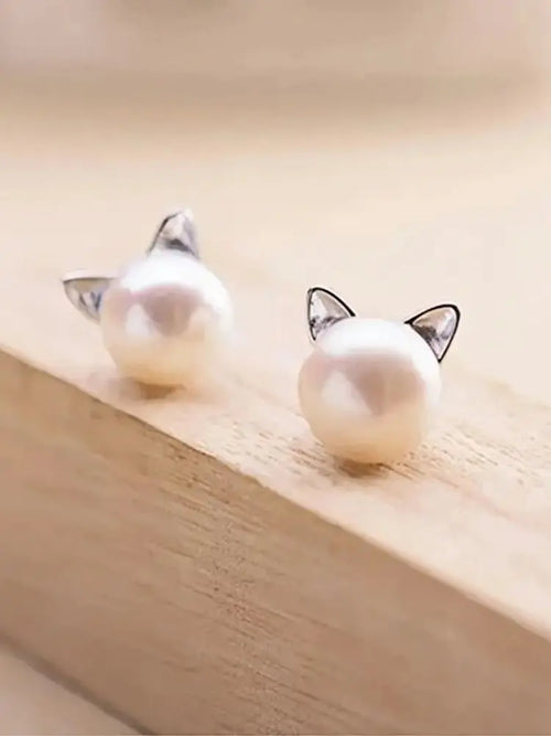 Fashion Earings Jewelry Silver Color Small Pearl Cat Stud Earrings for