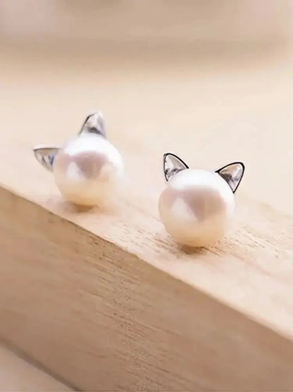 Fashion Earings Jewelry Silver Color Small Pearl Cat Stud Earrings for