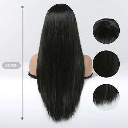 EASIHAIR Long Silky Straight Synthetic Wigs with Bangs Black Cosplay