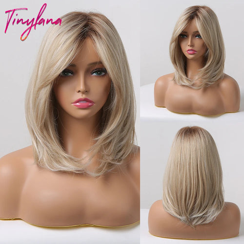 White Blonde Gray Synthetic Wigs with Bangs Short Straight Bob Hair