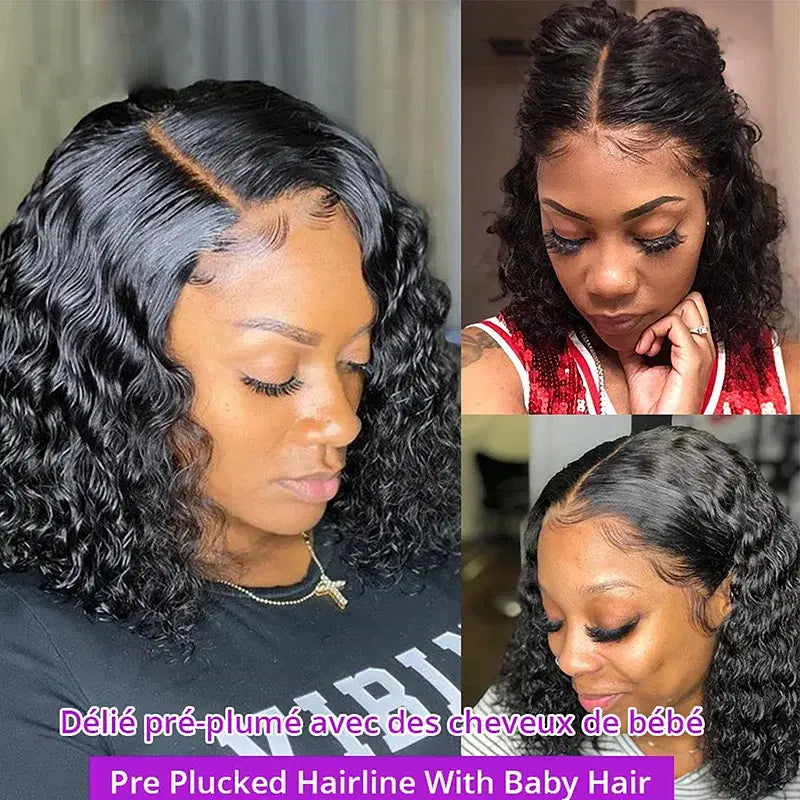 Density: 180%, Stretched Length: 10inches, Lace Wig Type: 4*4 - Deep Wave 180% Density Pre-Plucked Side Part Short Bob 13*4 Lace Frontal Brazilian Virgin Human Hair Wigs For Black Woman