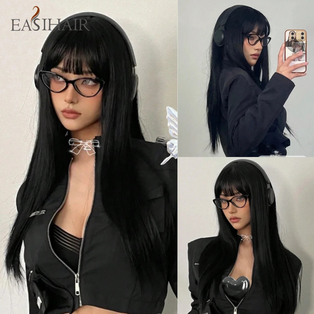 EASIHAIR Long Silky Straight Synthetic Wigs with Bangs Black Cosplay