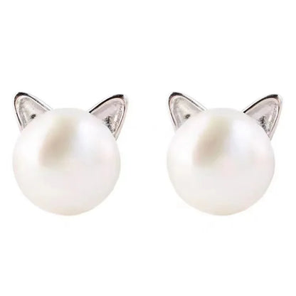 Fashion Earings Jewelry Silver Color Small Pearl Cat Stud Earrings for