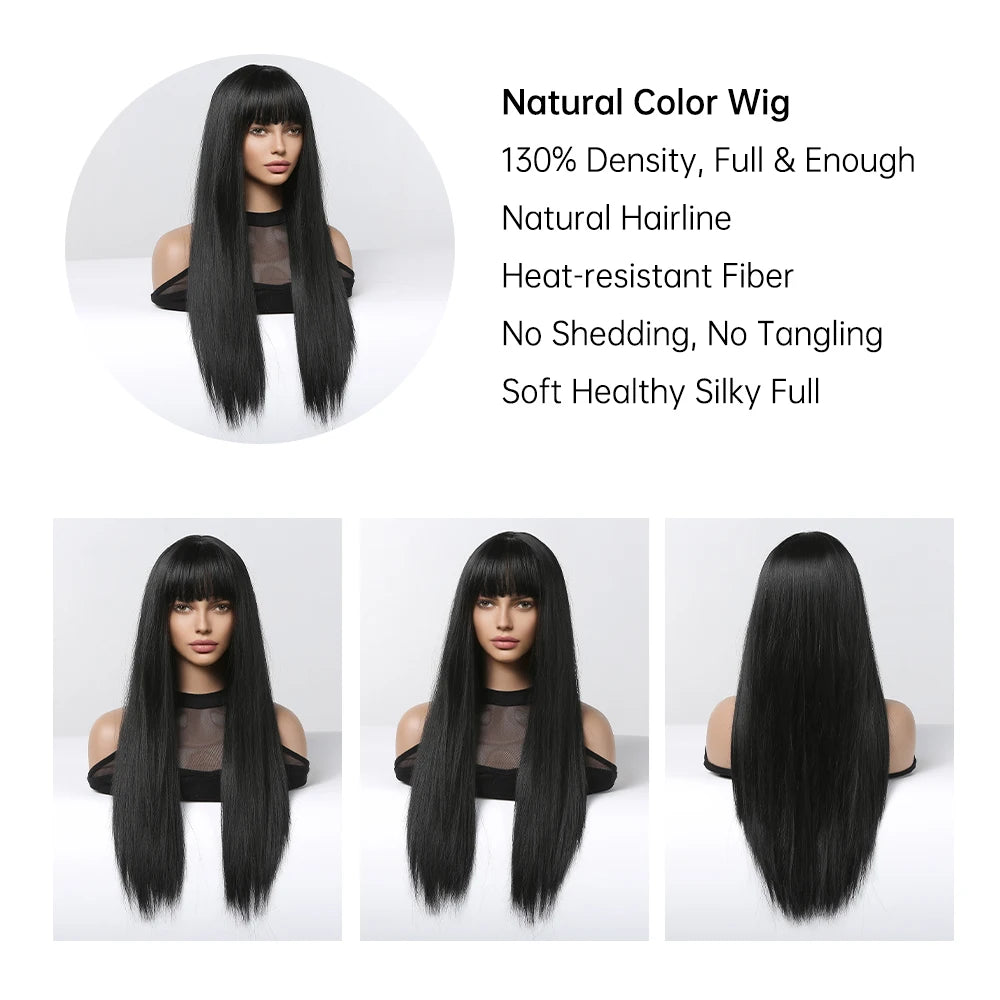 EASIHAIR Long Silky Straight Synthetic Wigs with Bangs Black Cosplay