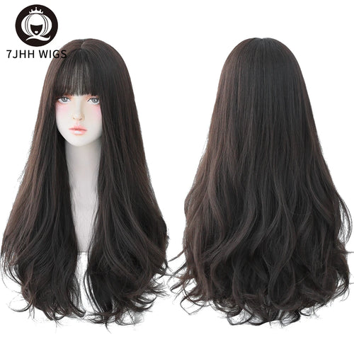 7JHH WIGS Popular Brown Ash Long Deep Wave Hair Lolita Wigs With Bangs