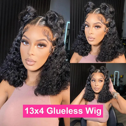 Hair Color: #1B, Ships From: United States, Stretched Length: 10inches, Density: 150% - Water Wave Bob Wig Glueless Preplucked Human Wigs Ready To Go 13x4 Frontal Brazilian Wigs HD Transparent Lace Wig Deep Curls