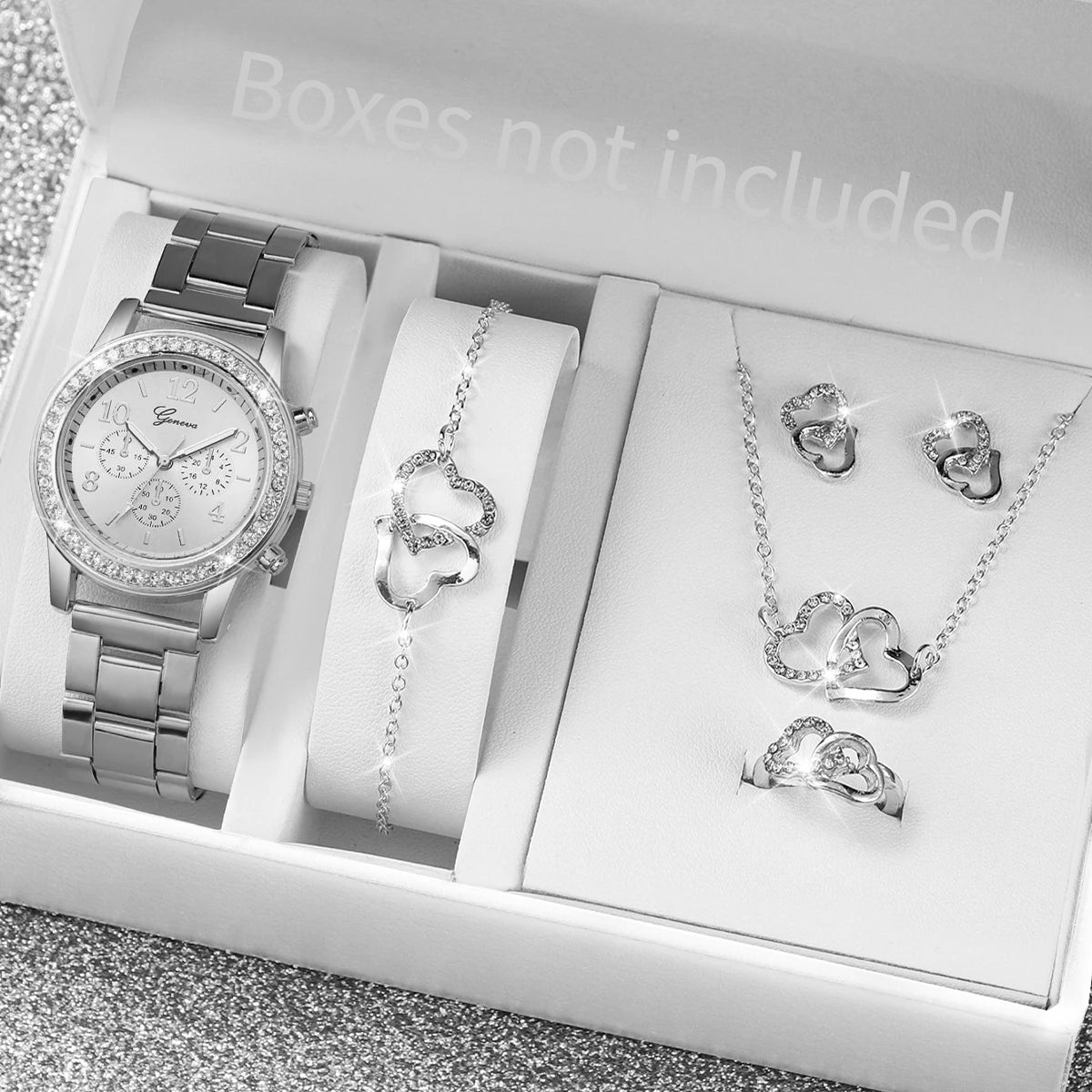 6PCS/Set Women's Watch Fashion Rhinestone Stainless Steel Band Quartz