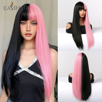 EASIHAIR Long Silky Straight Synthetic Wigs with Bangs Black Cosplay