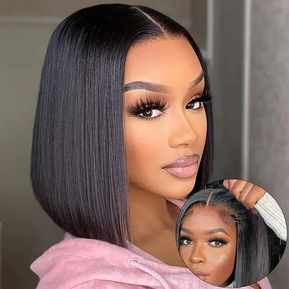 Hair Color: #1B, Ships From: CHINA, Stretched Length: 14inches, Density: 180% - Wear And Go Glueless Bob Wig Human Hair 7x5 HD Lace Closure Human Hair Pre Plucked  No Glue Pre Cut Ready To Wear Frontal Wig