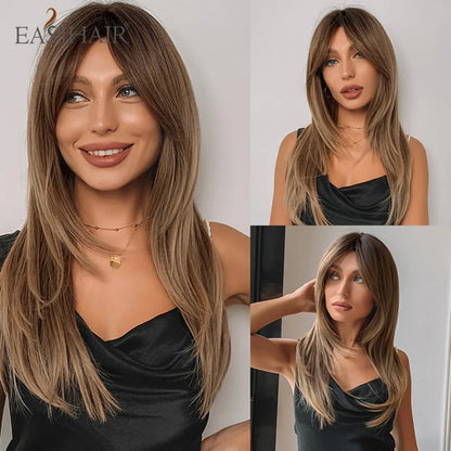 EASIHAIR Dark Brown Black Synthetic Wigs with Bangs Medium Straight