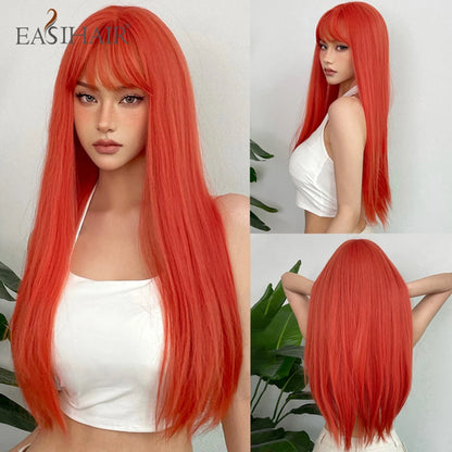 EASIHAIR Long Silky Straight Synthetic Wigs with Bangs Black Cosplay