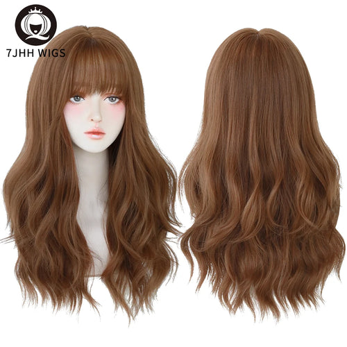 7JHH WIGS Popular Brown Ash Long Deep Wave Hair Lolita Wigs With Bangs