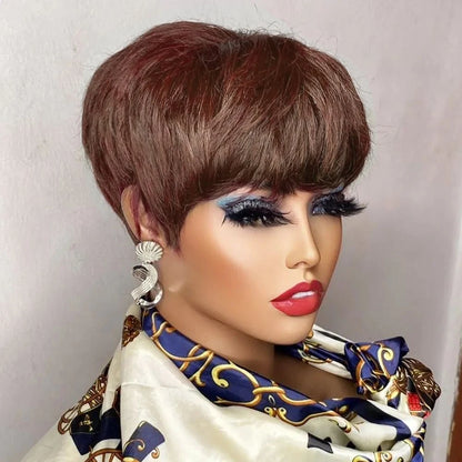 Brown Short Pixie Cut Wig Human Hair For Black Women Machine Made Wigs