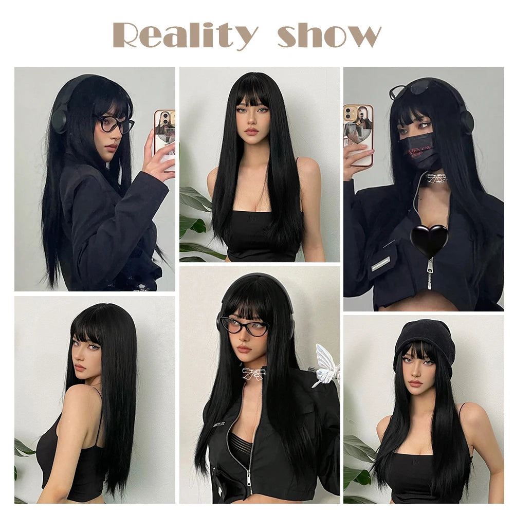 EASIHAIR Long Silky Straight Synthetic Wigs with Bangs Black Cosplay