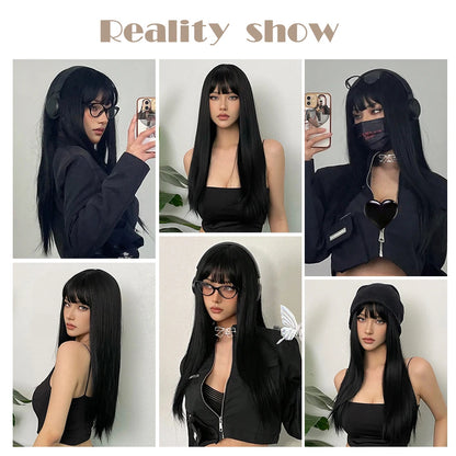 EASIHAIR Long Silky Straight Synthetic Wigs with Bangs Black Cosplay