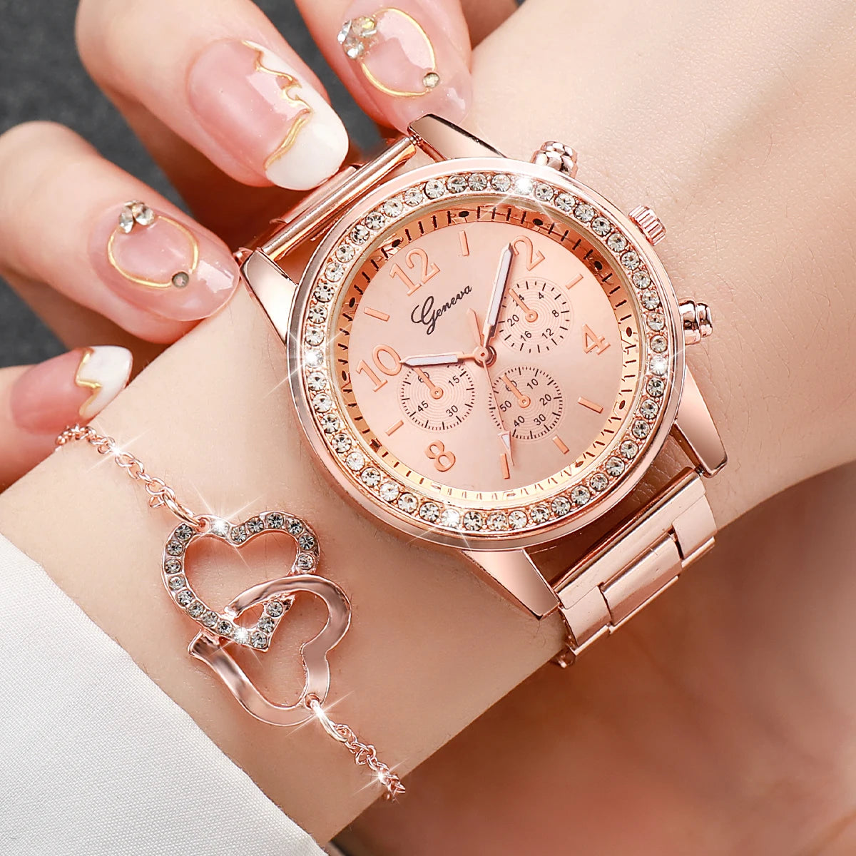 6PCS/Set Women's Watch Fashion Rhinestone Stainless Steel Band Quartz