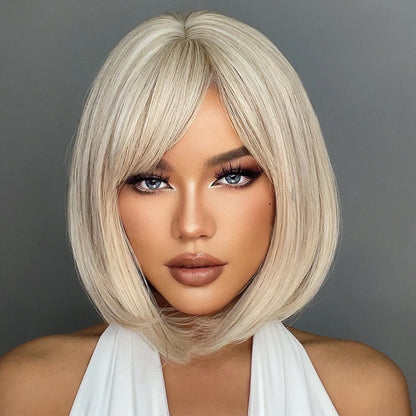 White Blonde Gray Synthetic Wigs with Bangs Short Straight Bob Hair