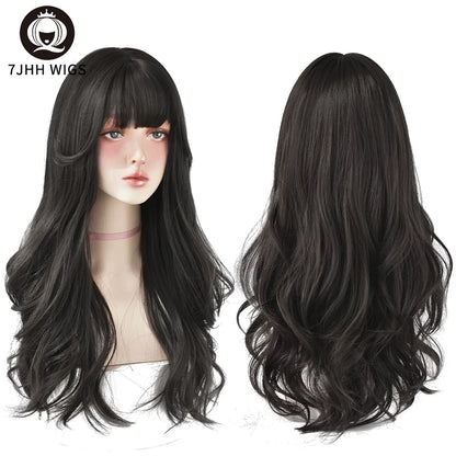 7JHH WIGS Popular Brown Ash Long Deep Wave Hair Lolita Wigs With Bangs