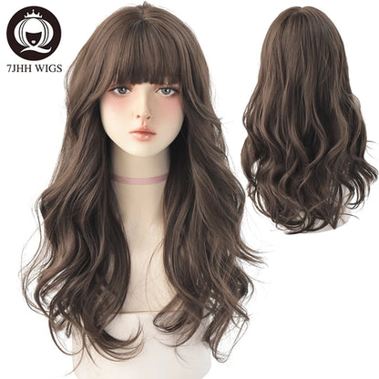 7JHH WIGS Popular Brown Ash Long Deep Wave Hair Lolita Wigs With Bangs