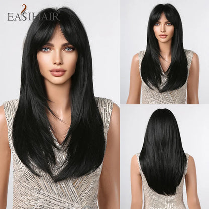 EASIHAIR Dark Brown Black Synthetic Wigs with Bangs Medium Straight