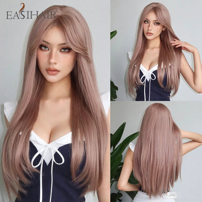 EASIHAIR Long Silky Straight Synthetic Wigs with Bangs Black Cosplay