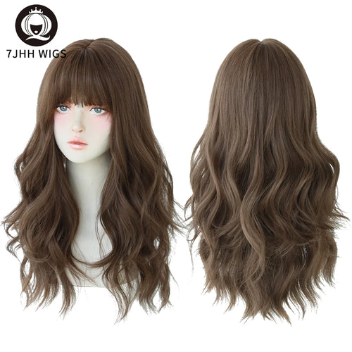 7JHH WIGS Popular Brown Ash Long Deep Wave Hair Lolita Wigs With Bangs