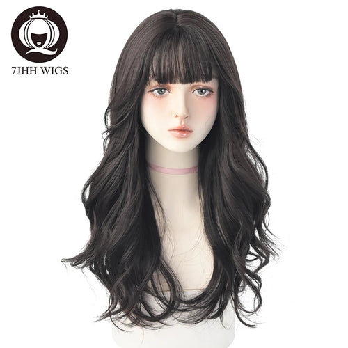 7JHH WIGS Popular Brown Ash Long Deep Wave Hair Lolita Wigs With Bangs