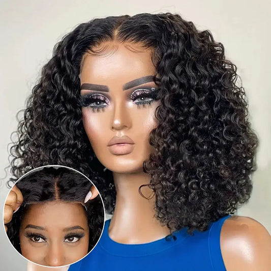 Hair Color: #1B, Ships From: United States, Stretched Length: 10inches, Density: 150% - Water Wave Bob Wig Glueless Preplucked Human Wigs Ready To Go 13x4 Frontal Brazilian Wigs HD Transparent Lace Wig Deep Curls